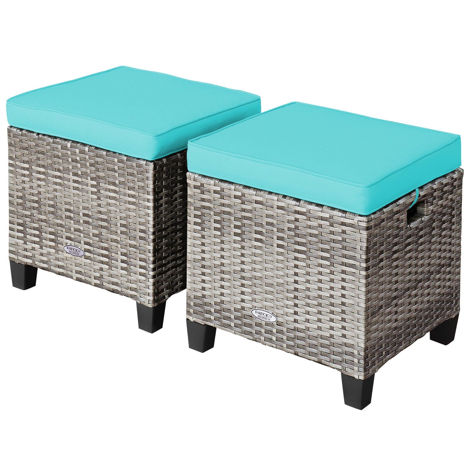 2PCS Patio Rattan Wicker Ottoman Seat with Removable Cushions-Turquoise - Turquoise