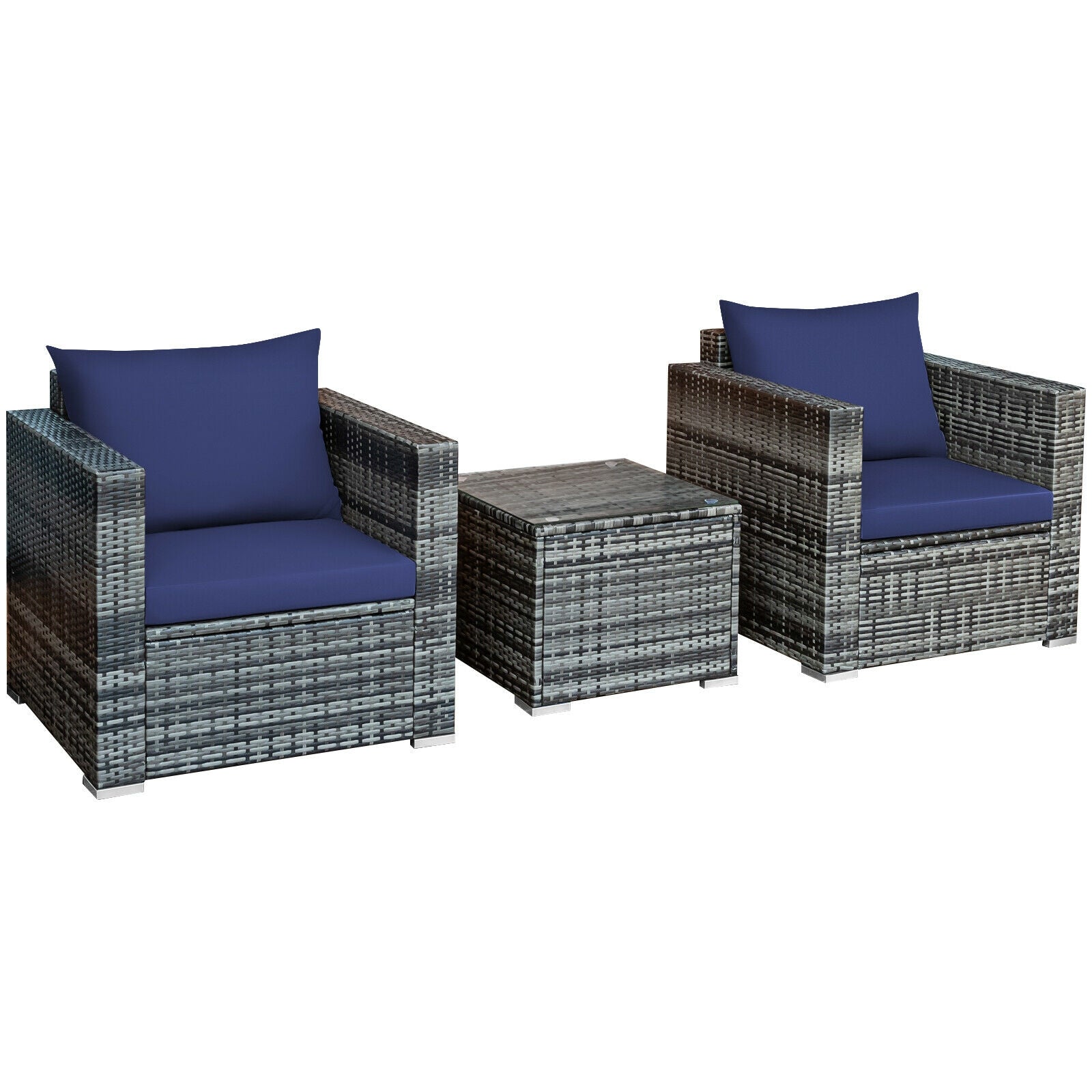 3 Pcs Patio Rattan Furniture Bistro Sofa Set with Cushioned-Navy - Navy