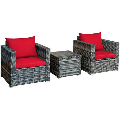 3 Pcs Patio Rattan Furniture Bistro Sofa Set with Cushioned-Navy - Red