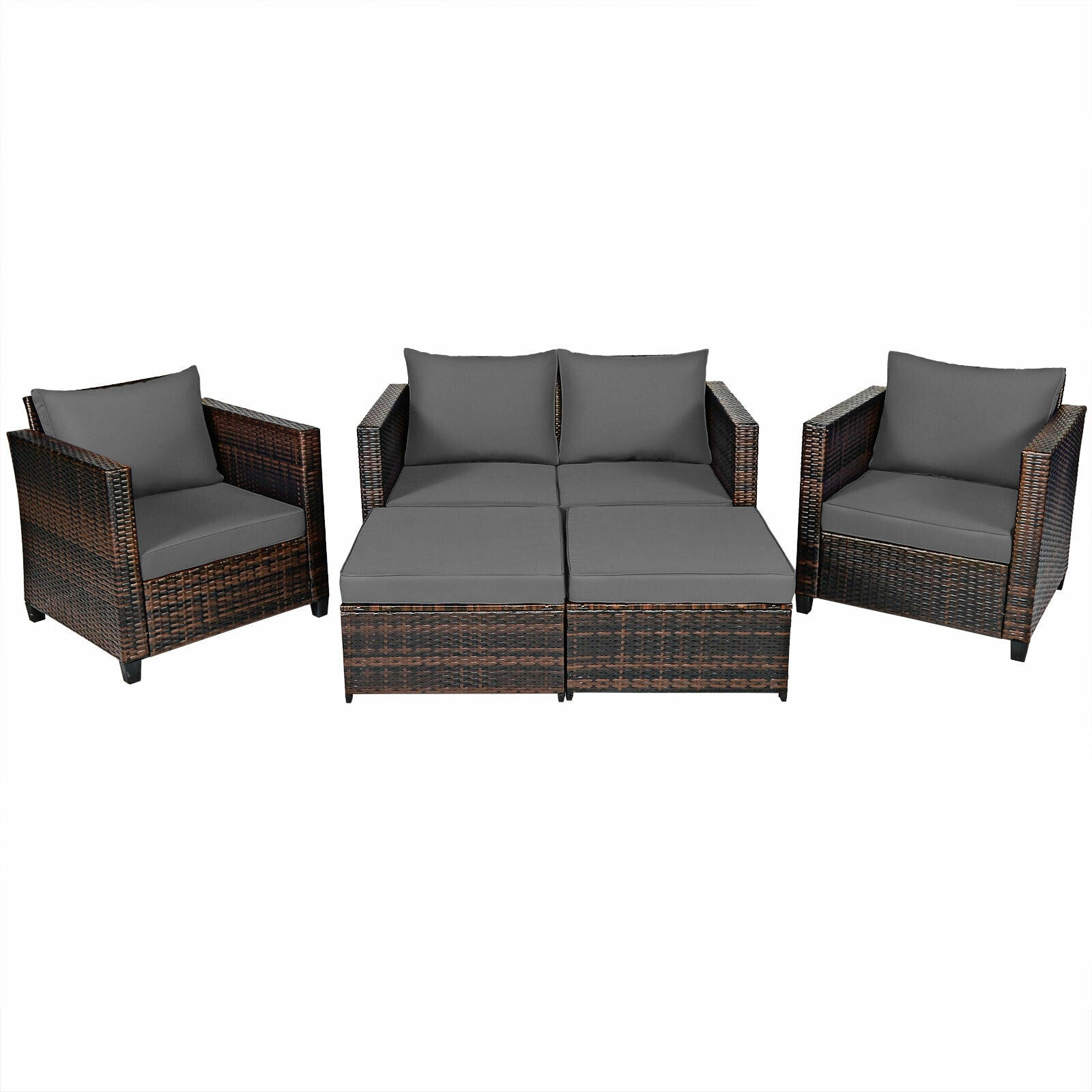 5 Pieces Patio Cushioned Rattan Furniture Set-Navy - Gray