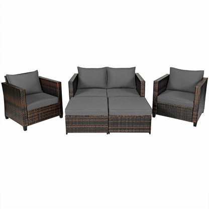 5 Pieces Patio Cushioned Rattan Furniture Set-Navy - Gray