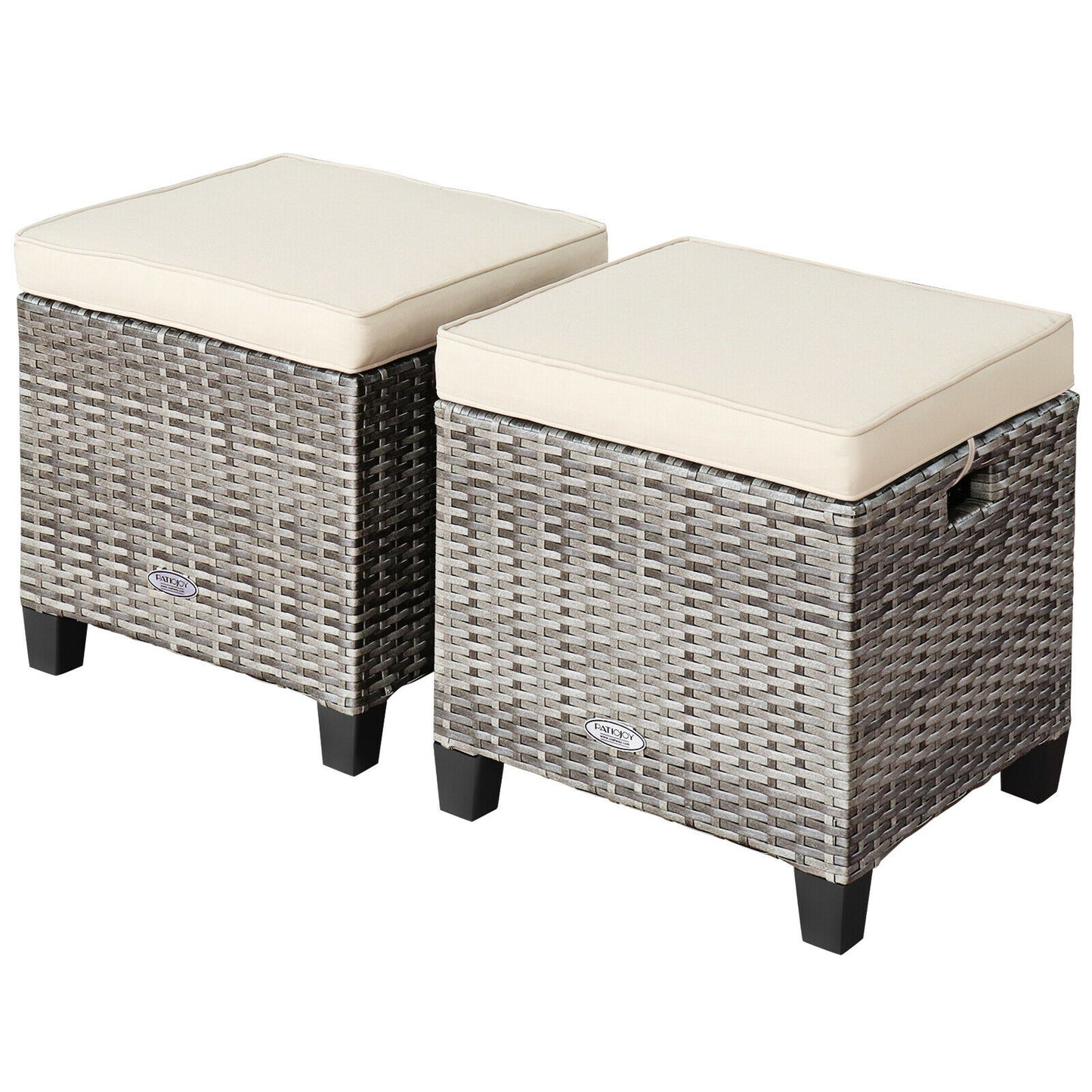 2PCS Patio Rattan Wicker Ottoman Seat with Removable Cushions-Turquoise - Beige