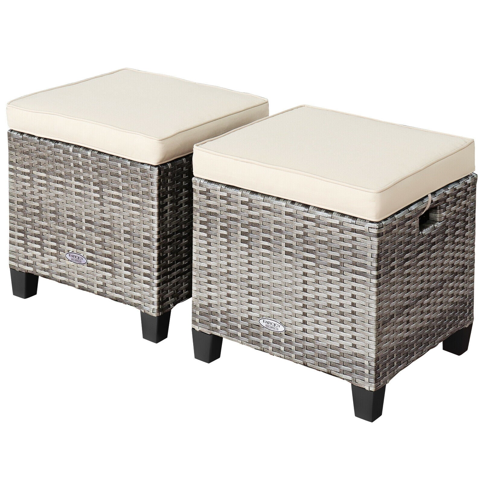 2PCS Patio Rattan Wicker Ottoman Seat with Removable Cushions-Turquoise - Beige
