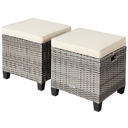 2PCS Patio Rattan Wicker Ottoman Seat with Removable Cushions-Turquoise - Beige