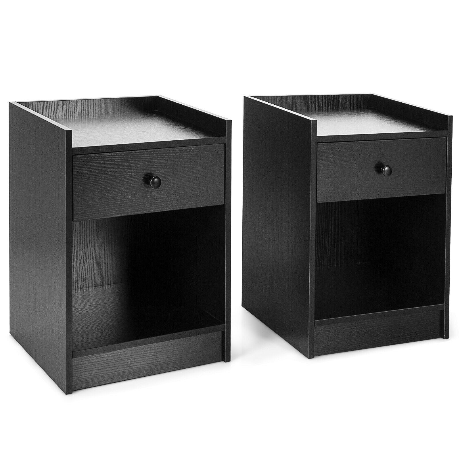 Set of 2 Nightstand with Drawer Cabinet End Side Table Raised Top-Brown - Black