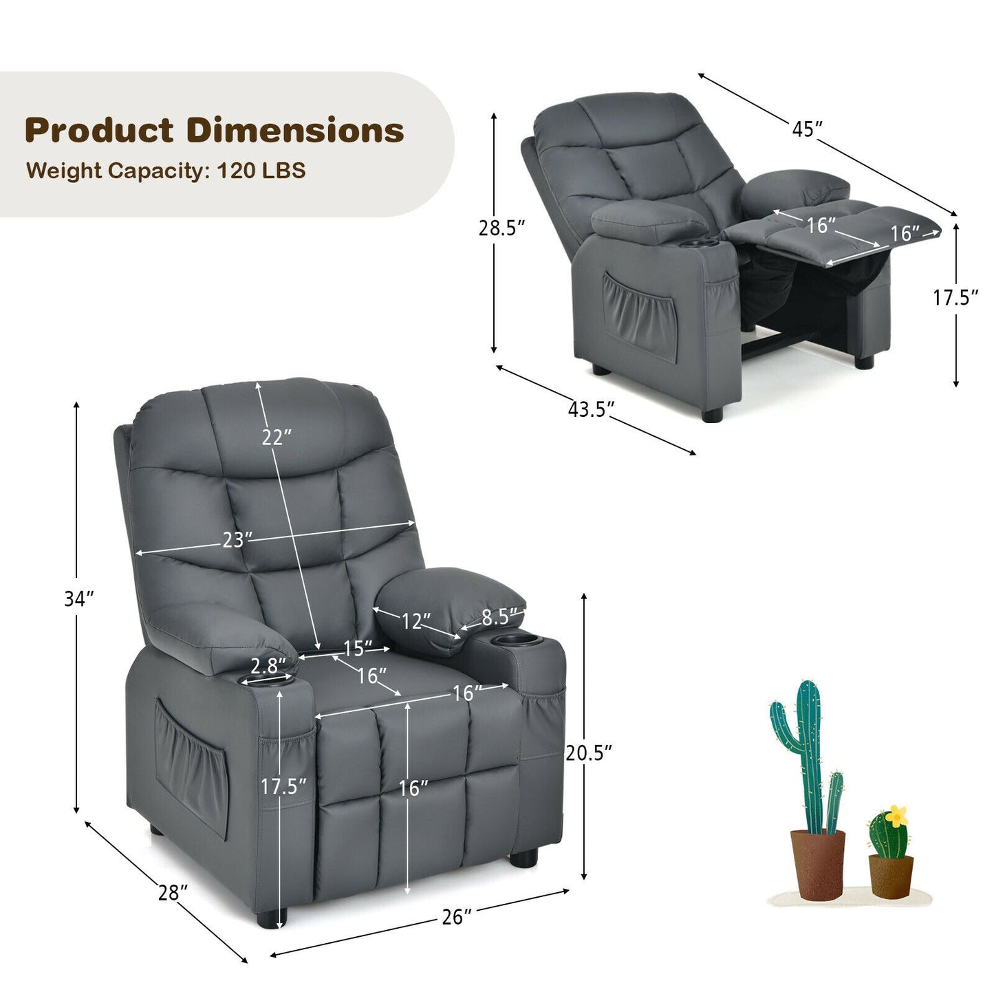 Kids Recliner Chair with Cup Holder and Footrest for Children-Black - Gray