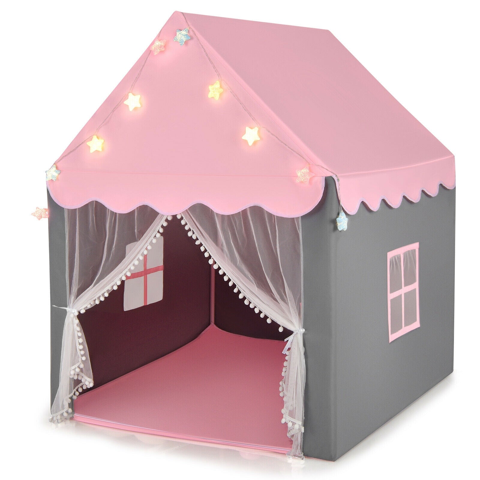Kids Playhouse Tent with Star Lights and Mat-Beige - Pink