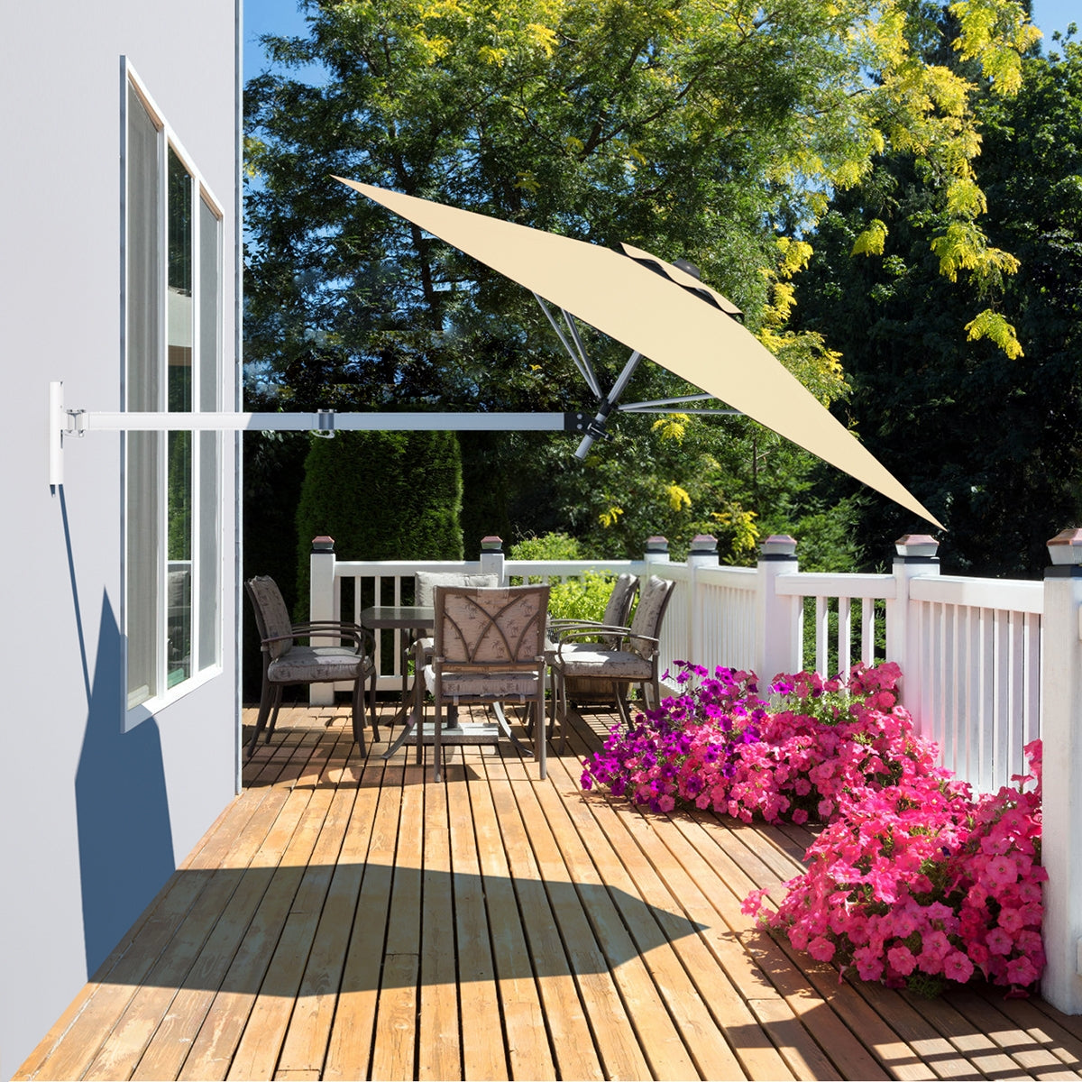 8ft Wall-Mounted Telescopic Folding Tilt Sun Shade Umbrella-Beige