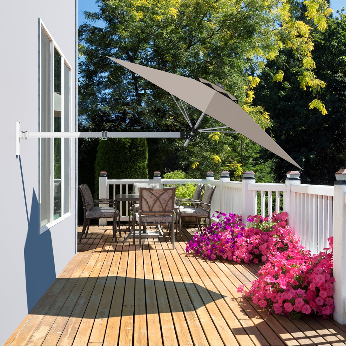 8ft Wall-Mounted Telescopic Folding Tilt Aluminum Sun Shade Umbrella-Tan