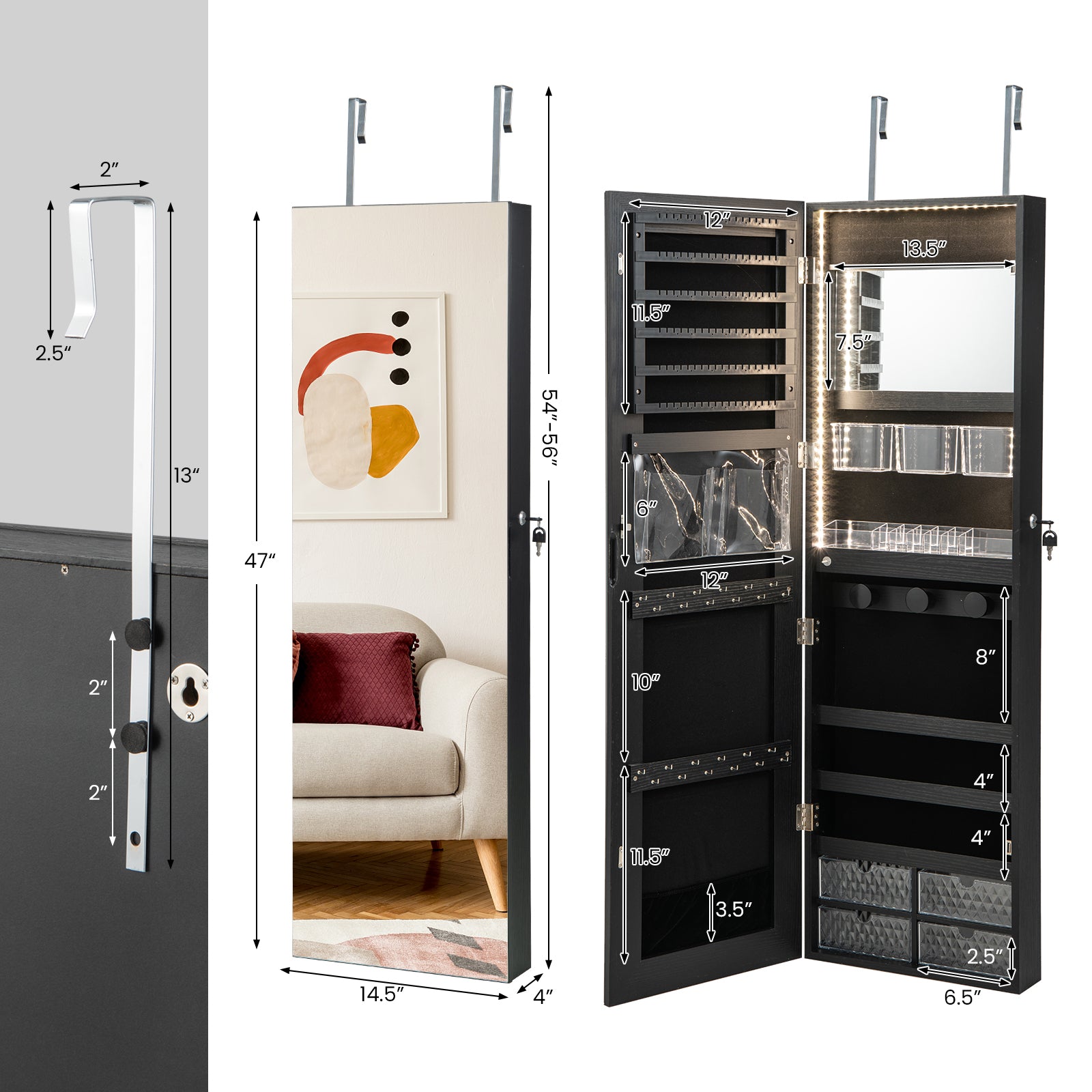 Wall Mounted Jewelry Cabinet with 3-Color Lights-Black