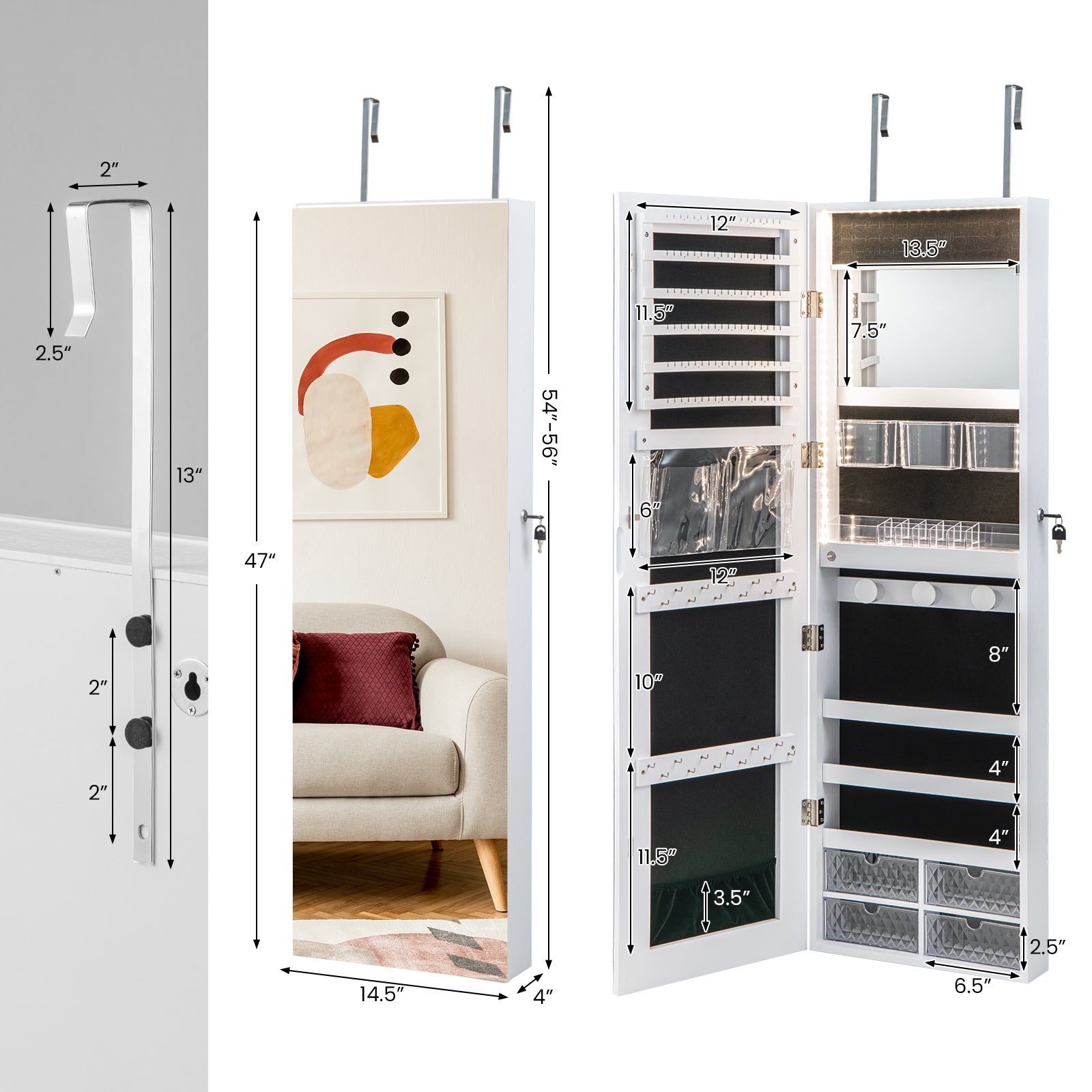 Wall Mounted Jewelry Cabinet with 3-Color Lights-White