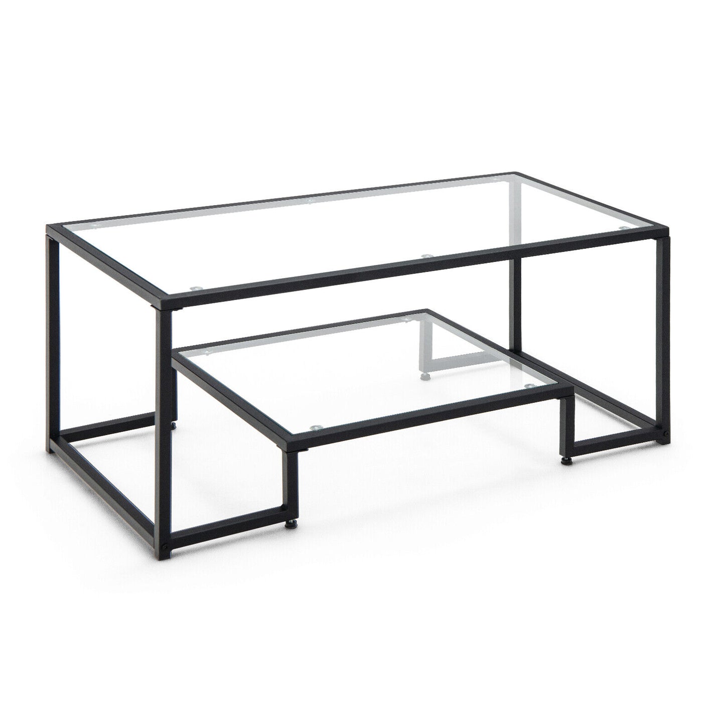 Modern 2-Tier Rectangular Coffee Table with Glass Table Top-Black - Black