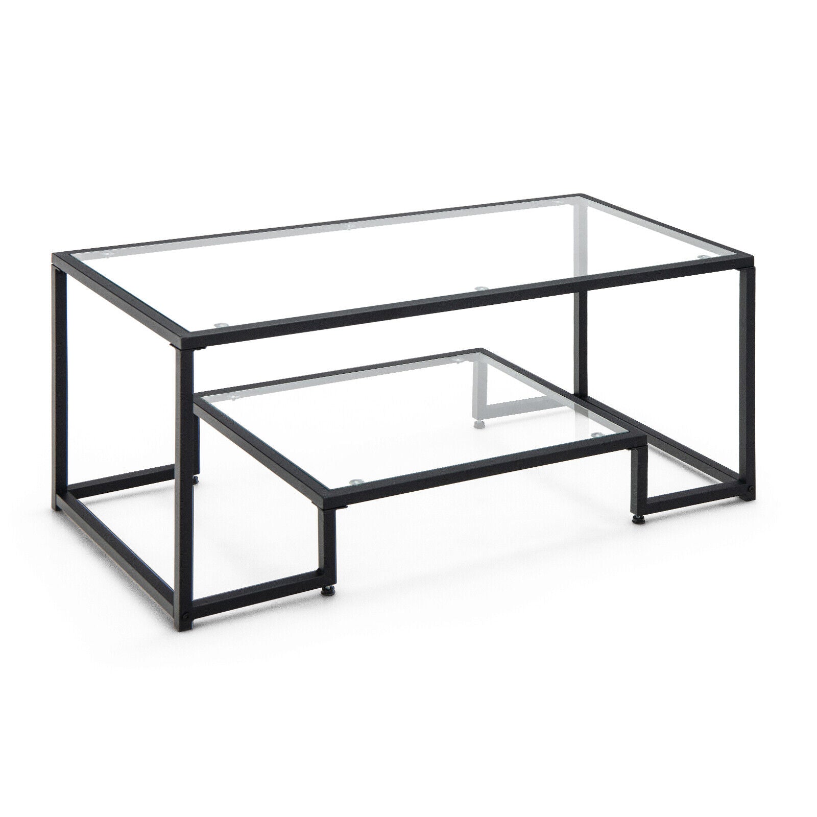 Modern 2-Tier Rectangular Coffee Table with Glass Table Top-Black - Black