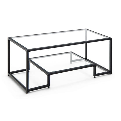 Modern 2-Tier Rectangular Coffee Table with Glass Table Top-Black - Black