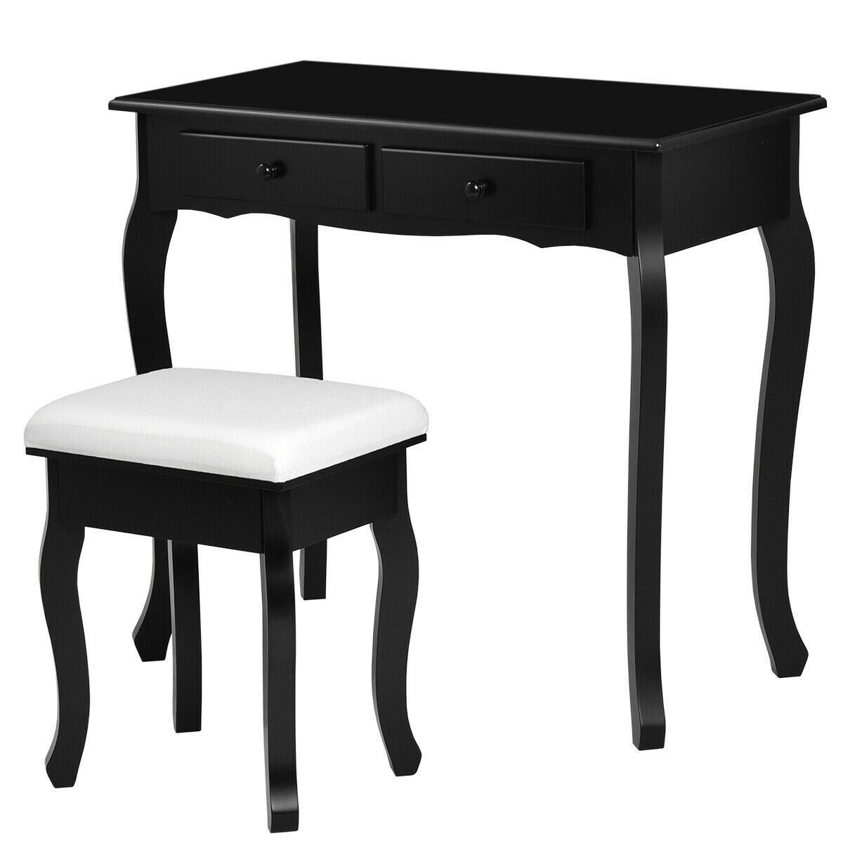 4 Drawers Wood Mirrored Vanity Dressing Table with Stool-Black
