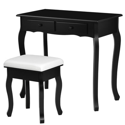 4 Drawers Wood Mirrored Vanity Dressing Table with Stool-Black