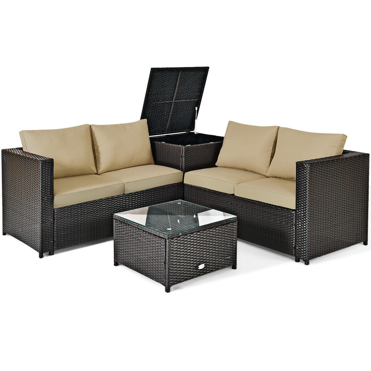 4 Pieces Outdoor Patio Rattan Furniture Set with Cushioned Loveseat and Storage Box-Brown - Brown