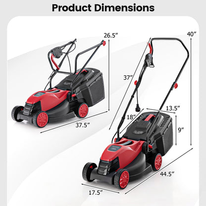 12-AMP 13.5 Inch Adjustable Electric Corded Lawn Mower with Collection Box-Red - Red