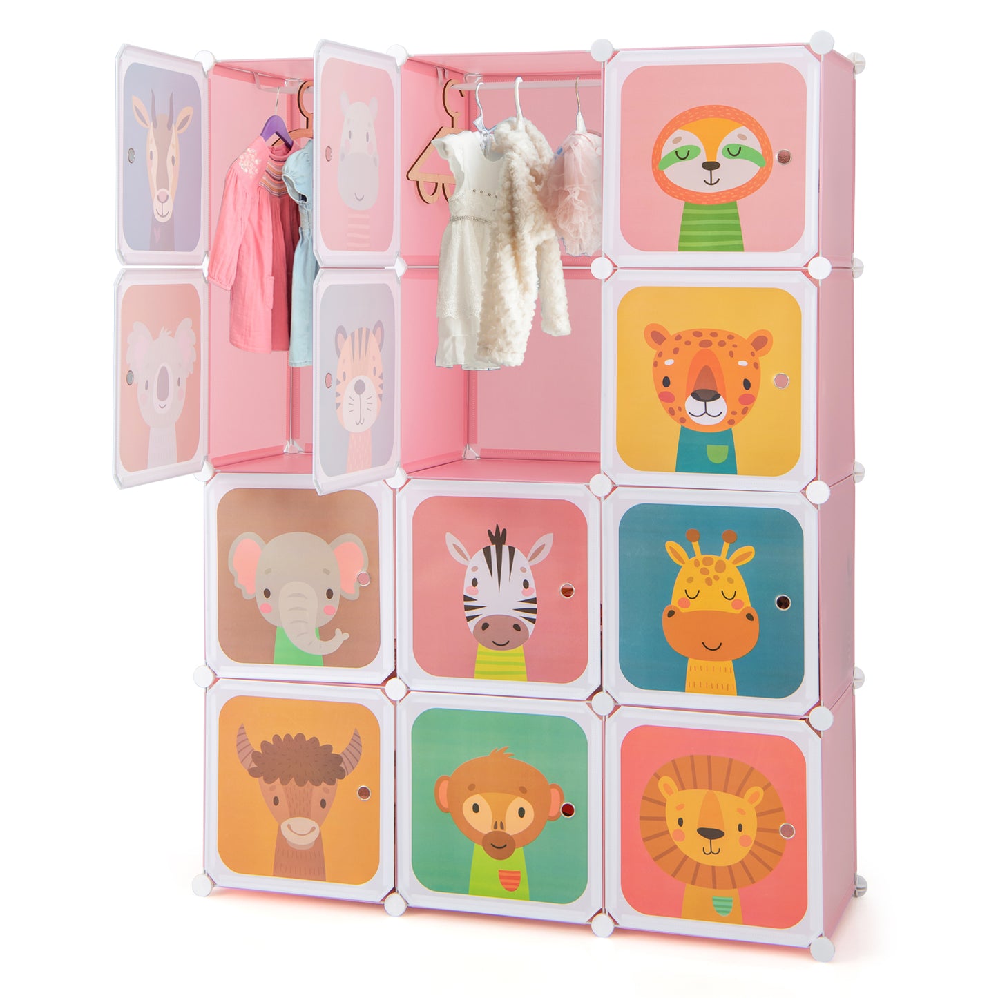 12 Cube Kids Wardrobe Closet with Hanging Section and Doors-White - Pink