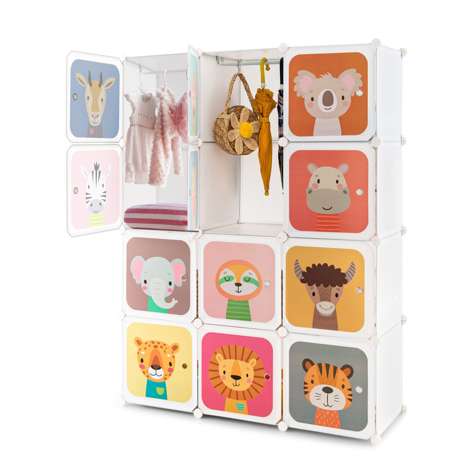 12 Cube Kids Wardrobe Closet with Hanging Section and Doors-White - White