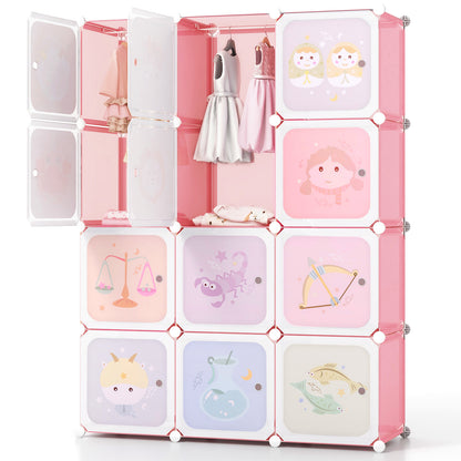 12 Cube Kids Wardrobe Closet with Hanging Section and Doors-White - White And Pink