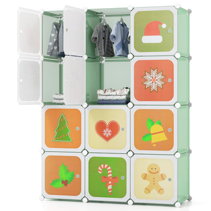 12 Cube Kids Wardrobe Closet with Hanging Section and Doors-White - Green