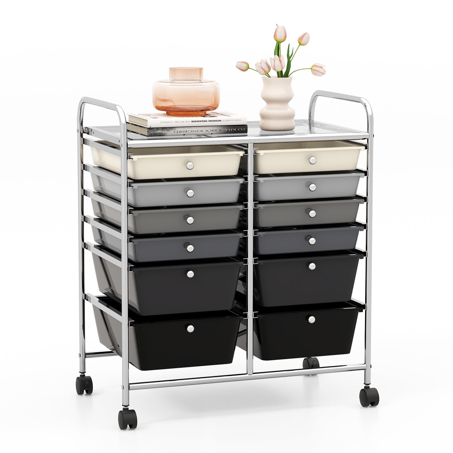 12 Drawers Rolling Cart Storage Scrapbook Paper Organizer Bins-Yellow - Gray