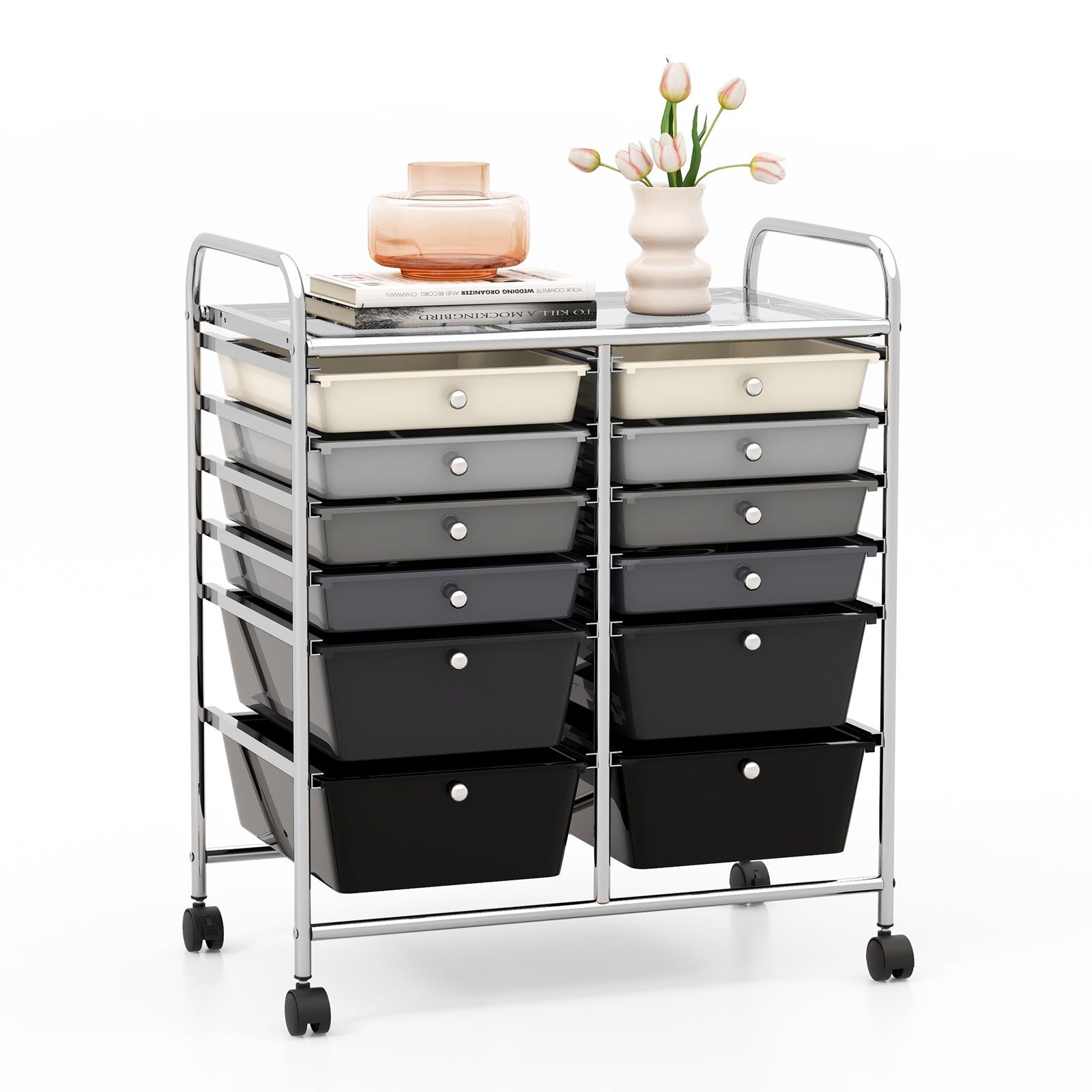 12 Drawers Rolling Cart Storage Scrapbook Paper Organizer Bins-Yellow - Gray