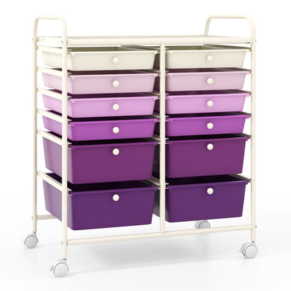 12 Drawers Rolling Cart Storage Scrapbook Paper Organizer Bins-Yellow - Purple