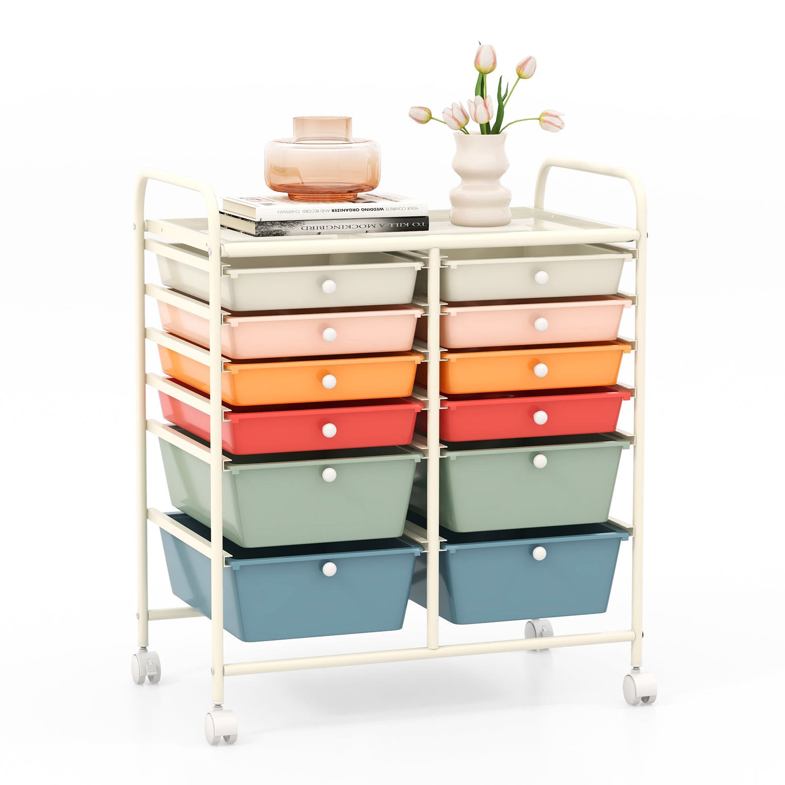 12 Drawers Rolling Cart Storage Scrapbook Paper Organizer Bins-Yellow - Deep Multicolor