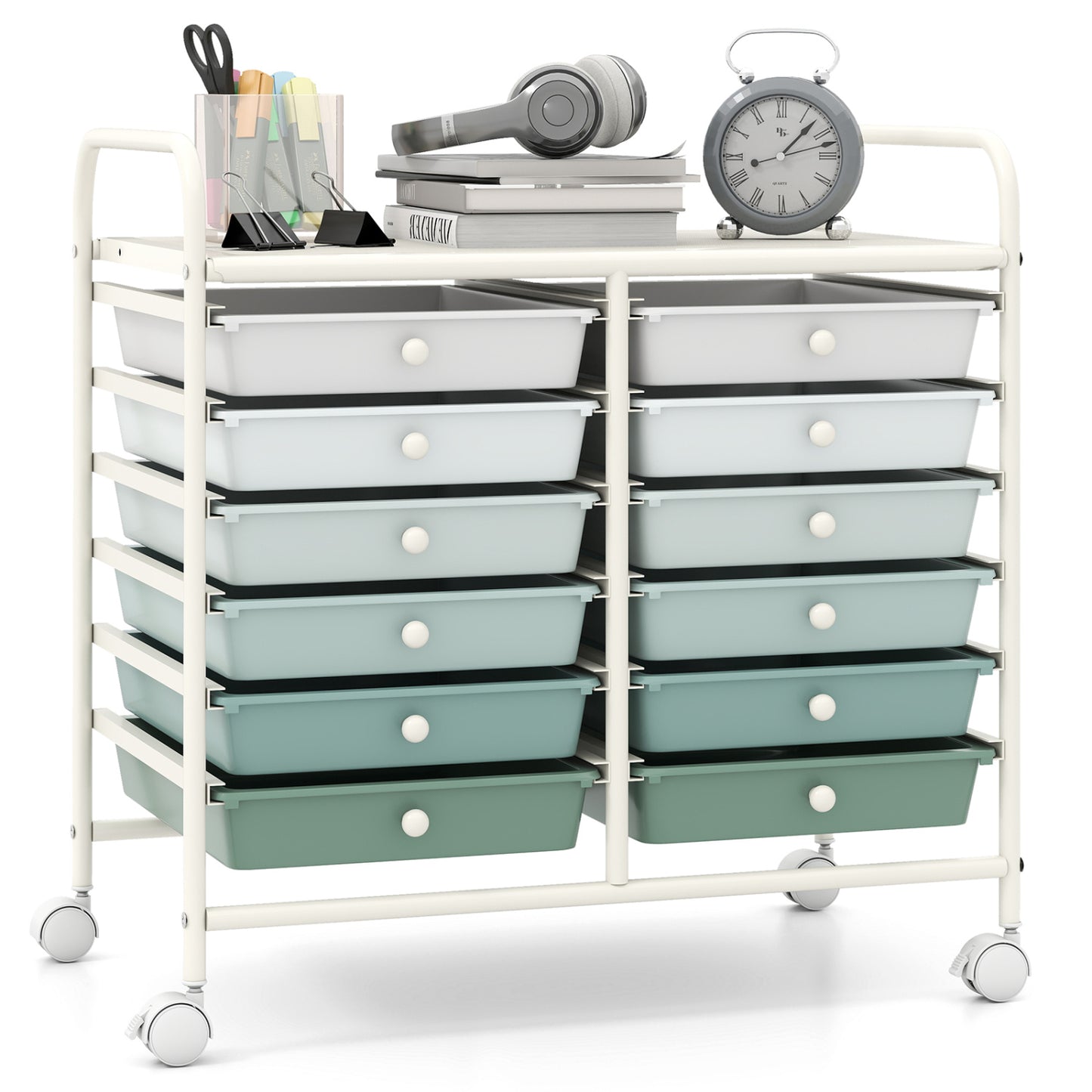 12 Drawers Rolling Storage Cart for Home and Office-Black - Green Gradient