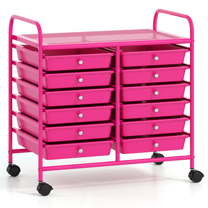 12 Drawers Rolling Storage Cart for Home and Office-Black - Hot Pink