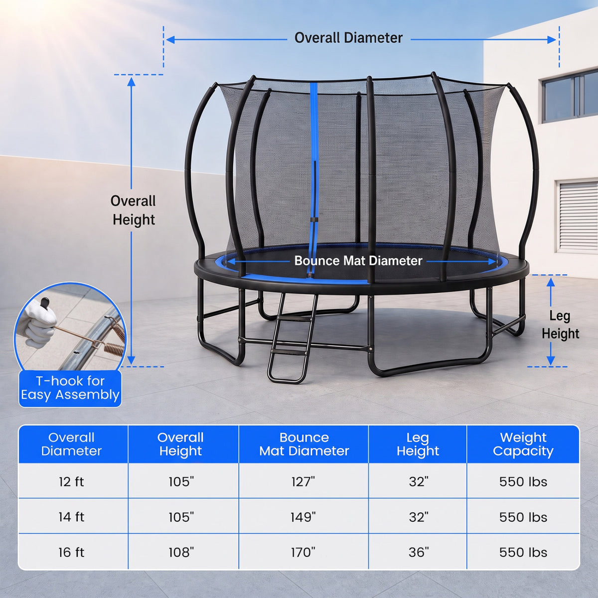 12 FT Outdoor Recreational Trampoline with Enclosure Net and 4 Stabilizer Bars for Backyard-Blue