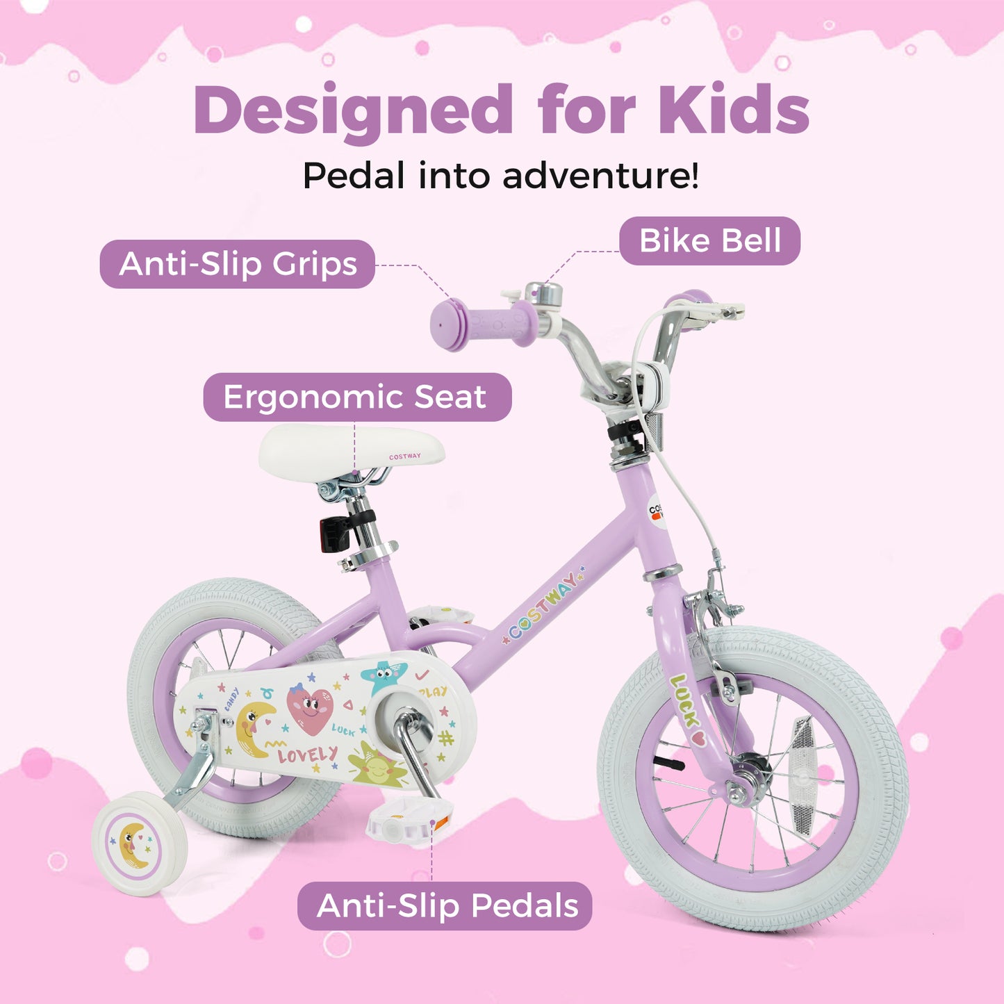 Kids Bike 12-18 Inch with Training Wheels - Purple
