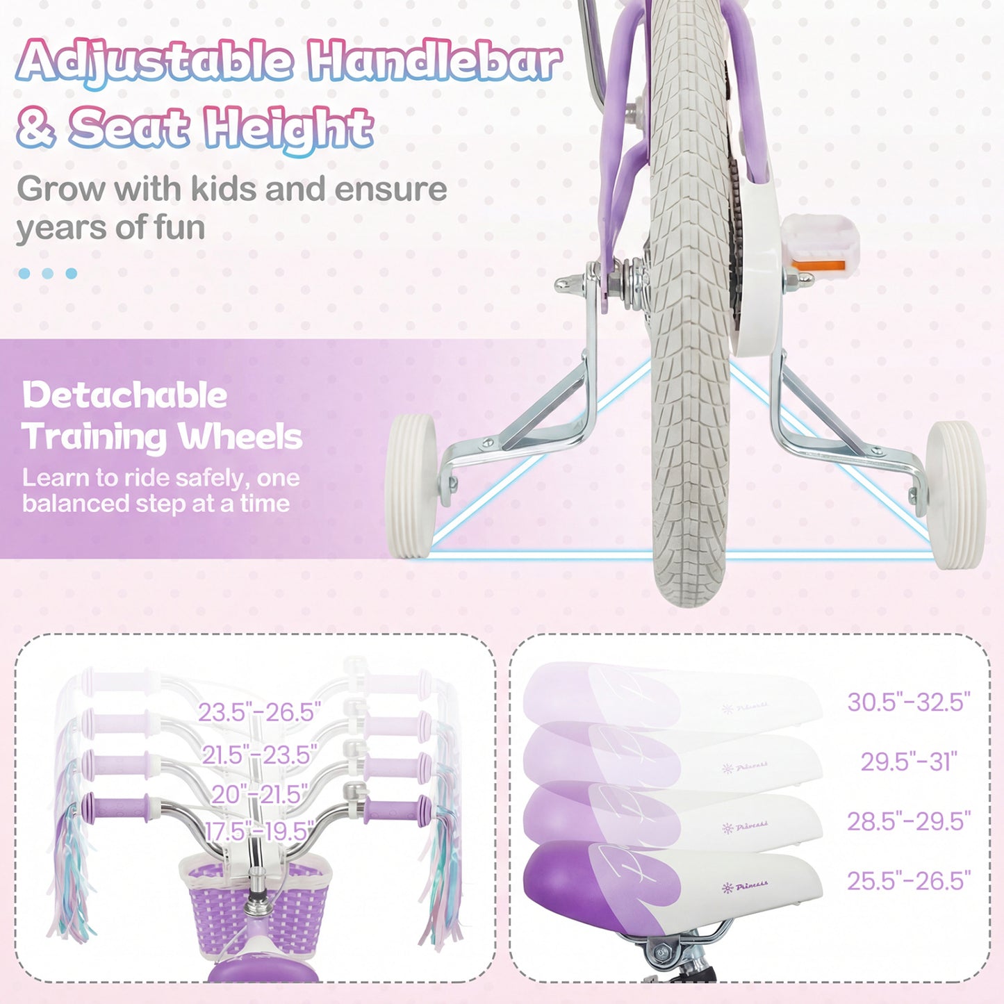 Kids Bike 12-20 Inch with Training Wheels & Basket Purple