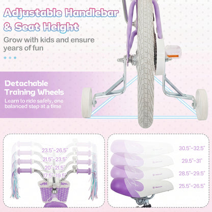 Kids Bike 12-20 Inch with Training Wheels & Basket Purple