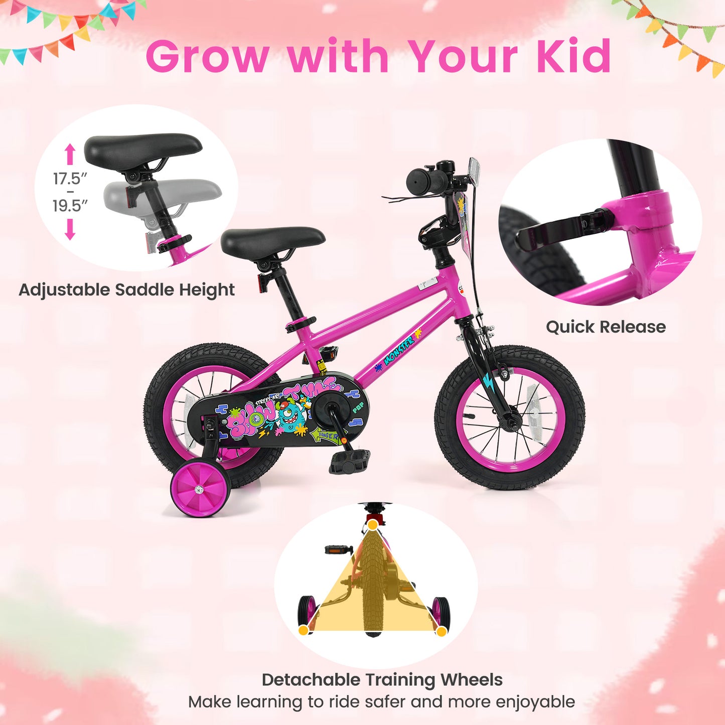 Kids Bike with Training Wheels 12-18 Inch Pink