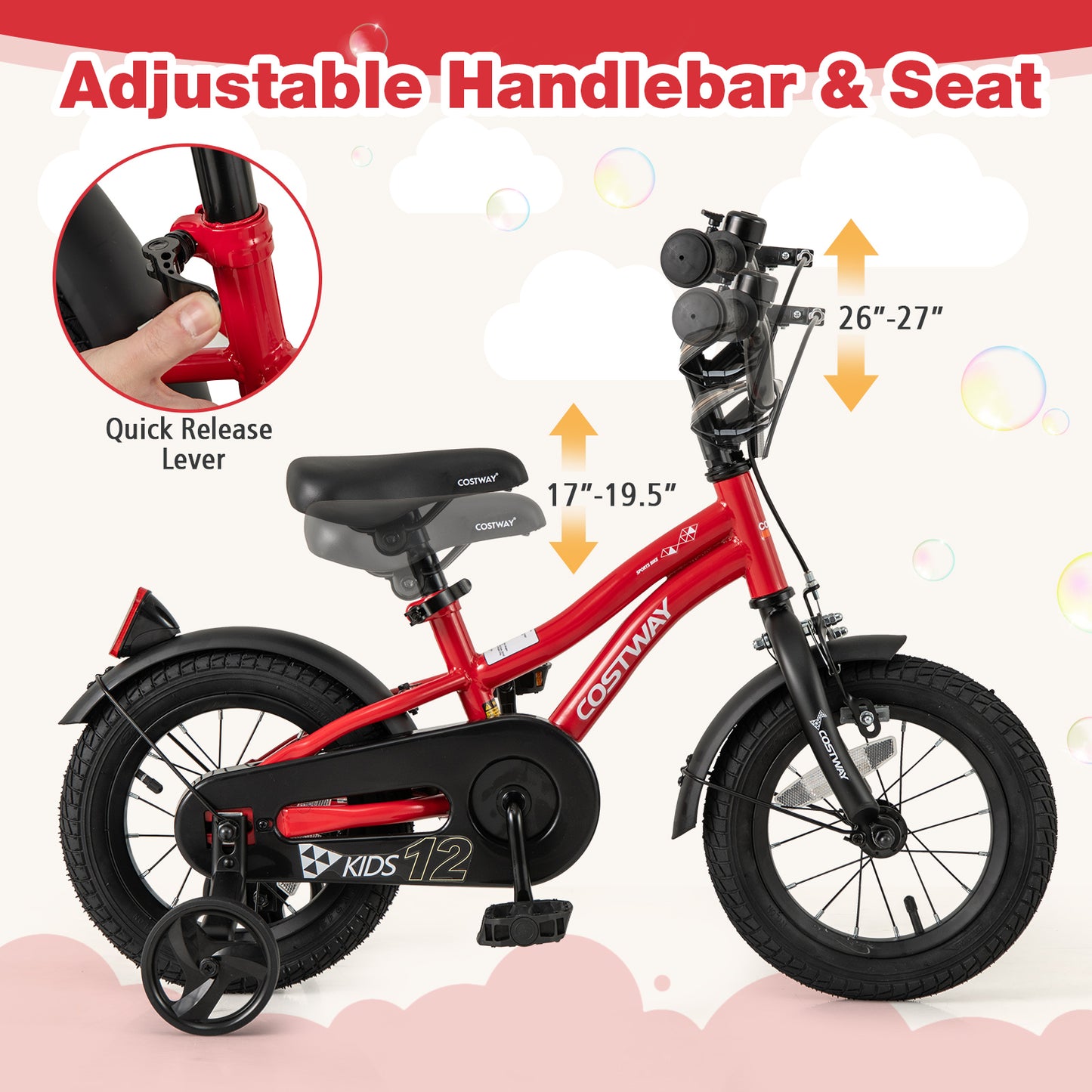 14 Inch Kids Bike Adjustable Bicycle with Reflectors and Bell for 3-5 Years Old