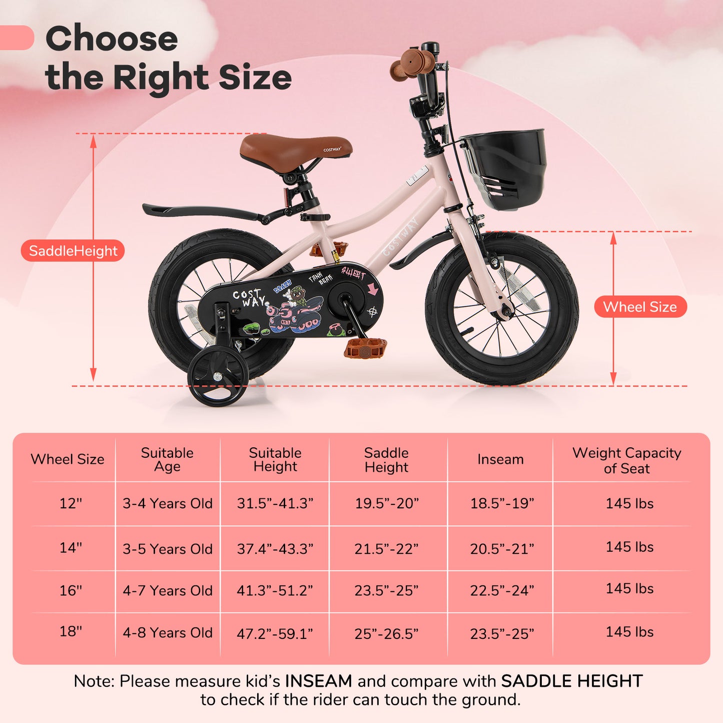 14 Inches Kids Bike with Basket and Adjustable Handlebar for 3-5 Years Old