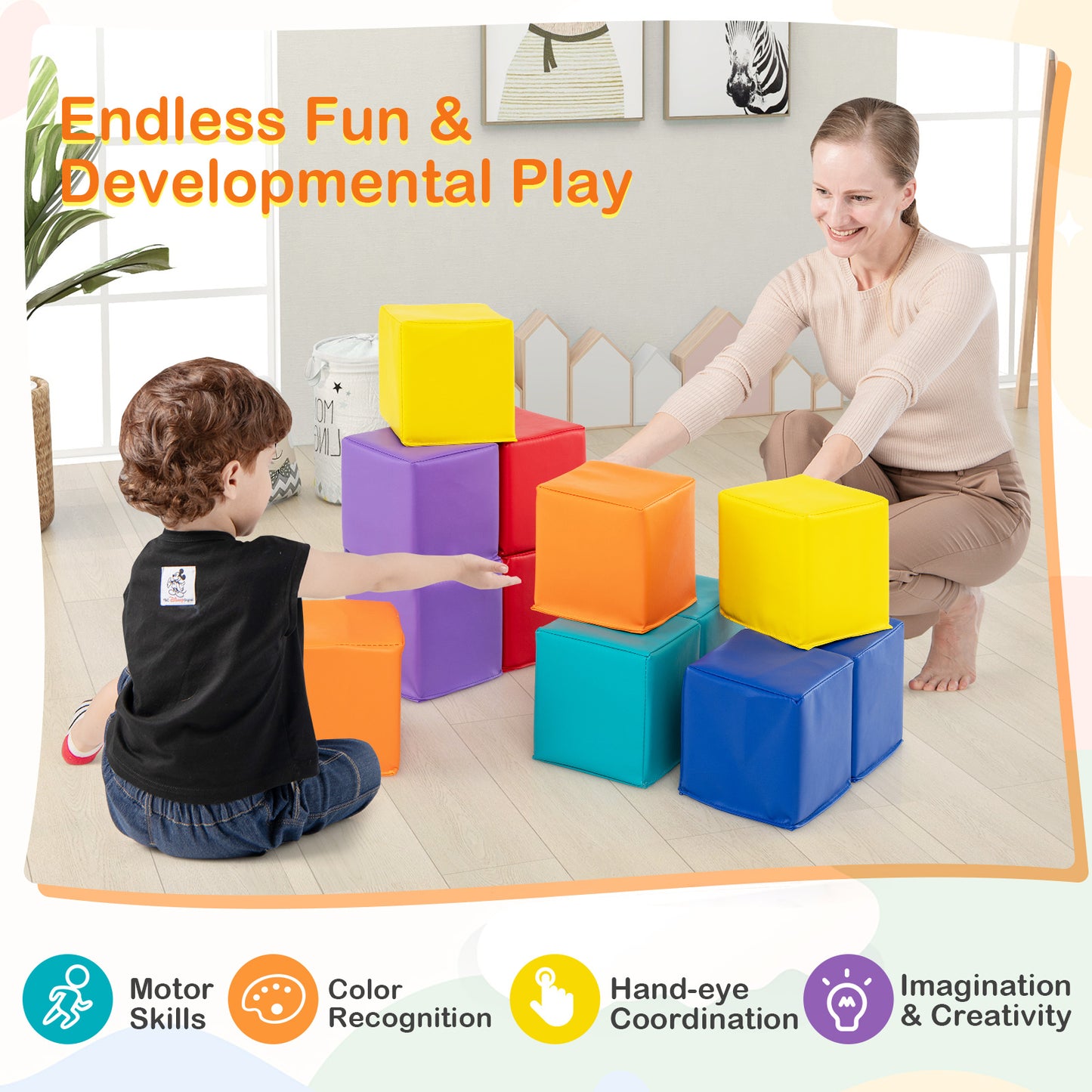 12 Pieces Soft Foam Building Blocks Climbing Foam Cubes Set for Kids-Multicolor
