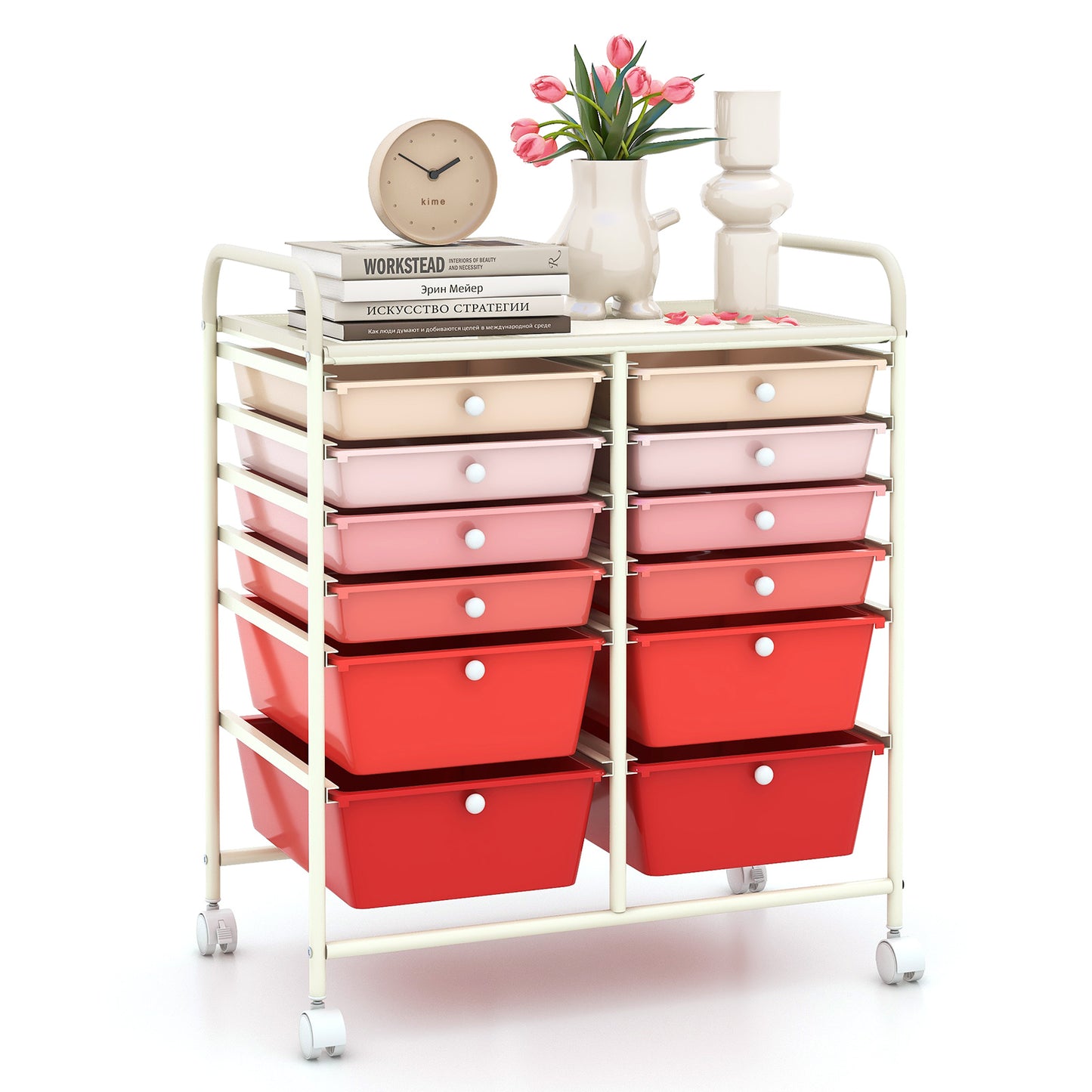 12 Drawers Rolling Cart Storage Scrapbook Paper Organizer Bins-Yellow - Pink