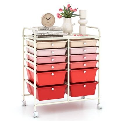 12 Drawers Rolling Cart Storage Scrapbook Paper Organizer Bins-Yellow - Pink
