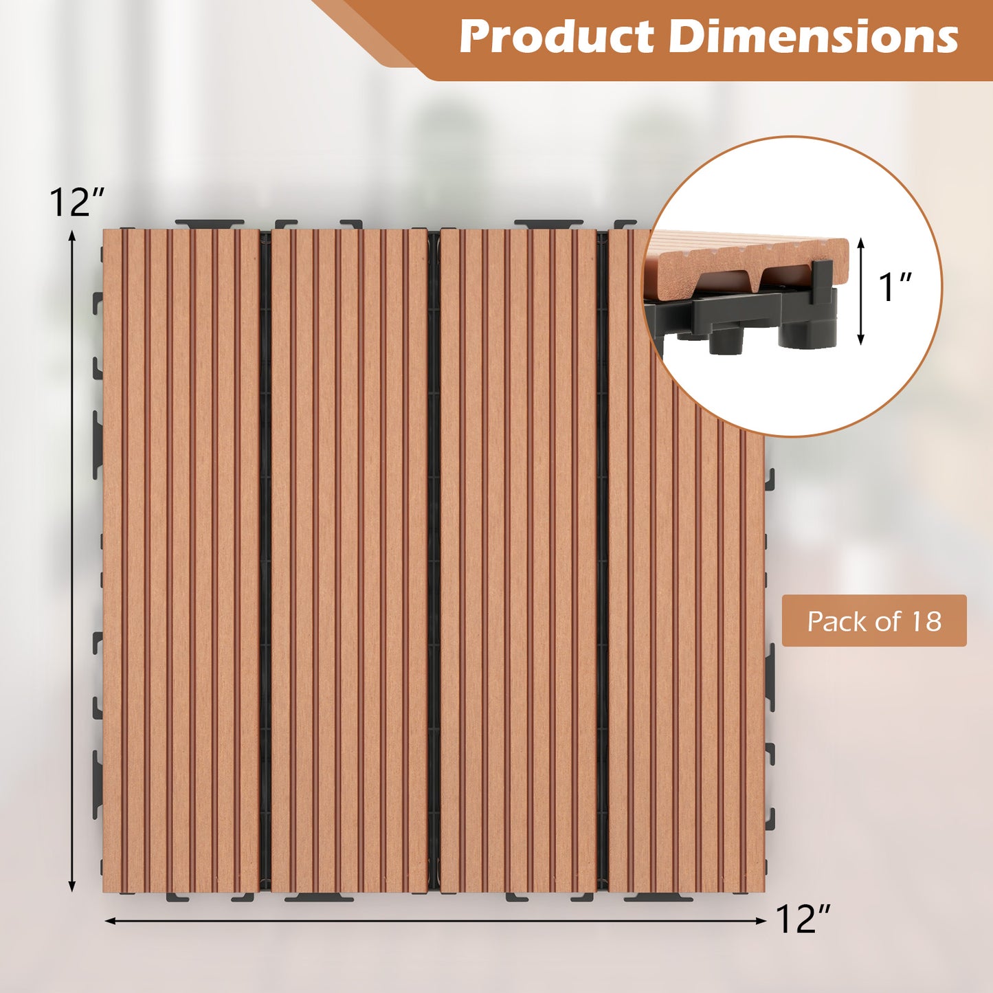 12 x 12 Inch 18 Piece All Weather Interlocking Deck Tiles for Splicing Area