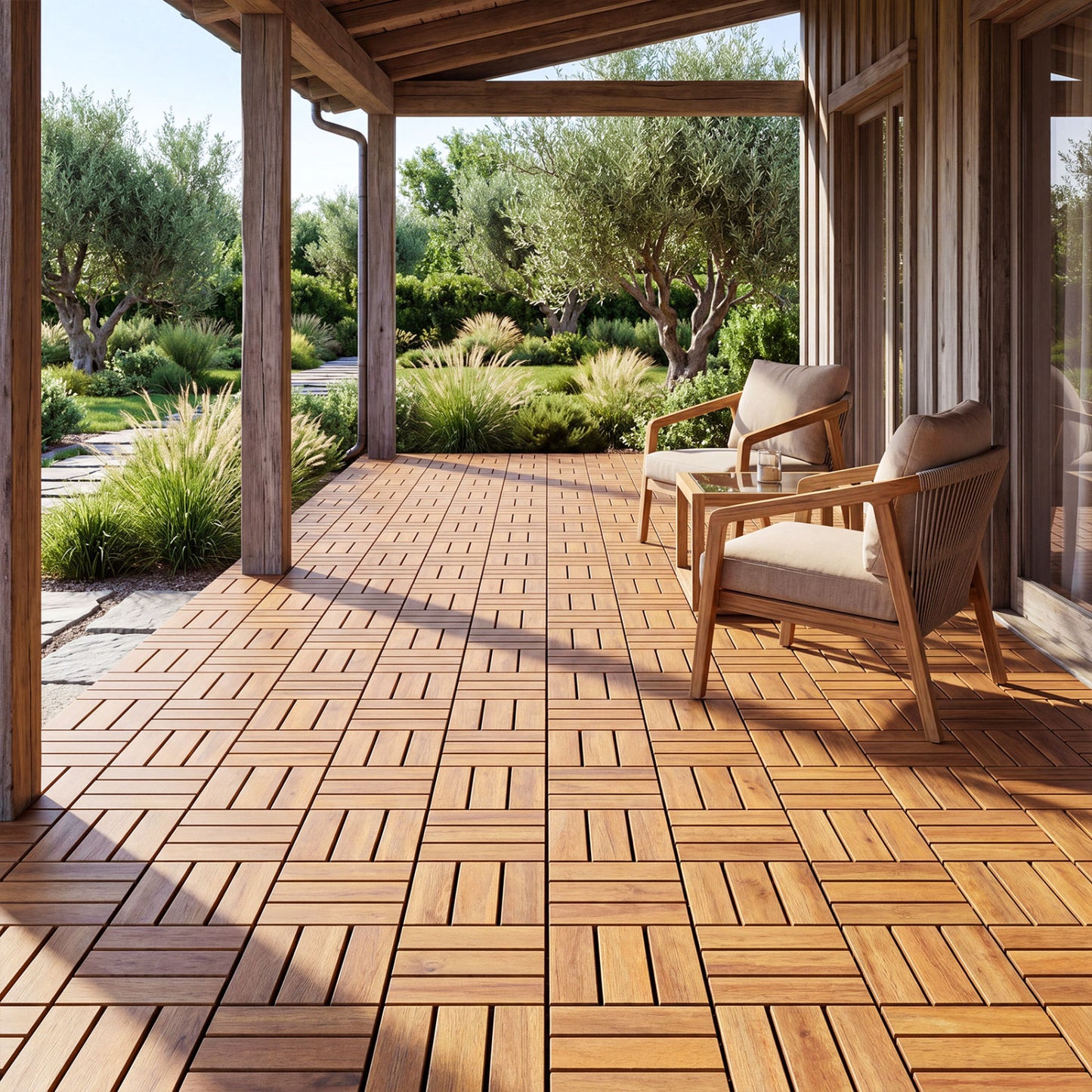 Acacia Wood Interlocking Deck Tiles 12x12 Inch - 27 Pack