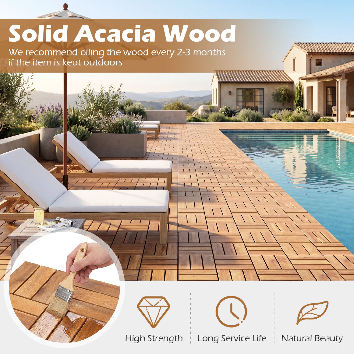 Acacia Wood Interlocking Deck Tiles 12x12 Inch - 27 Pack