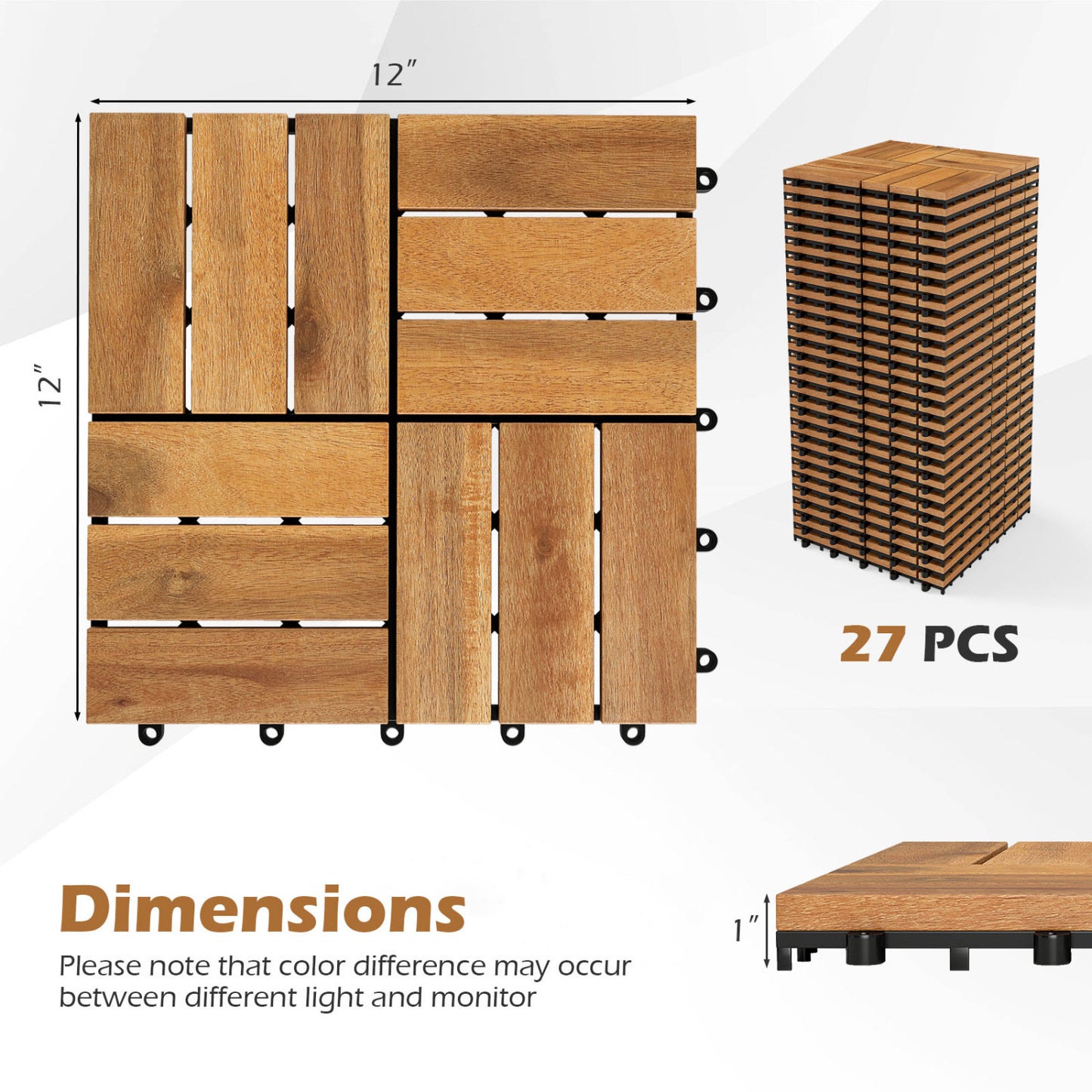 Acacia Wood Interlocking Deck Tiles 12x12 Inch - 27 Pack