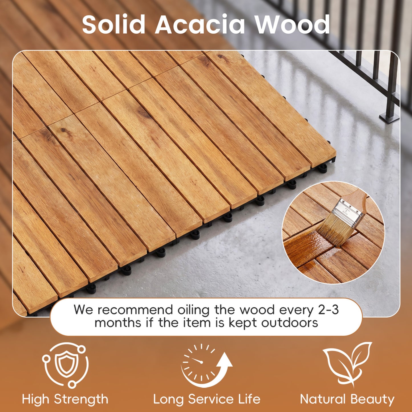 Acacia Wood Interlocking Deck Tiles 12x12 Inch - 27 Pack