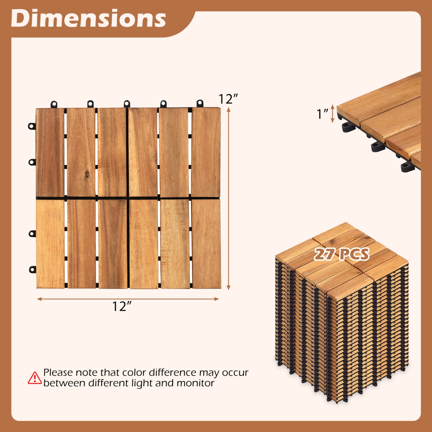 Acacia Wood Interlocking Deck Tiles 12x12 Inch - 27 Pack