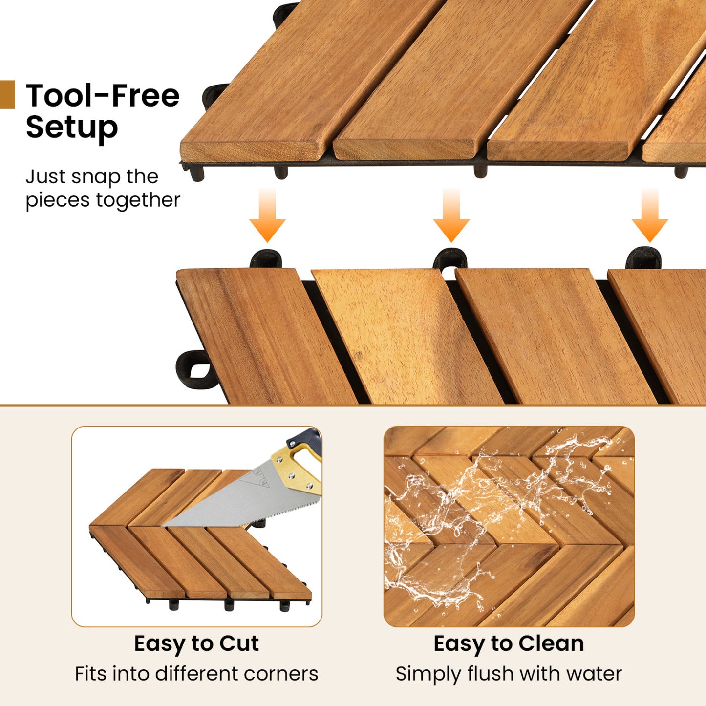 Acacia Wood Interlocking Deck Tiles 12x12 Inch - 30 Pack