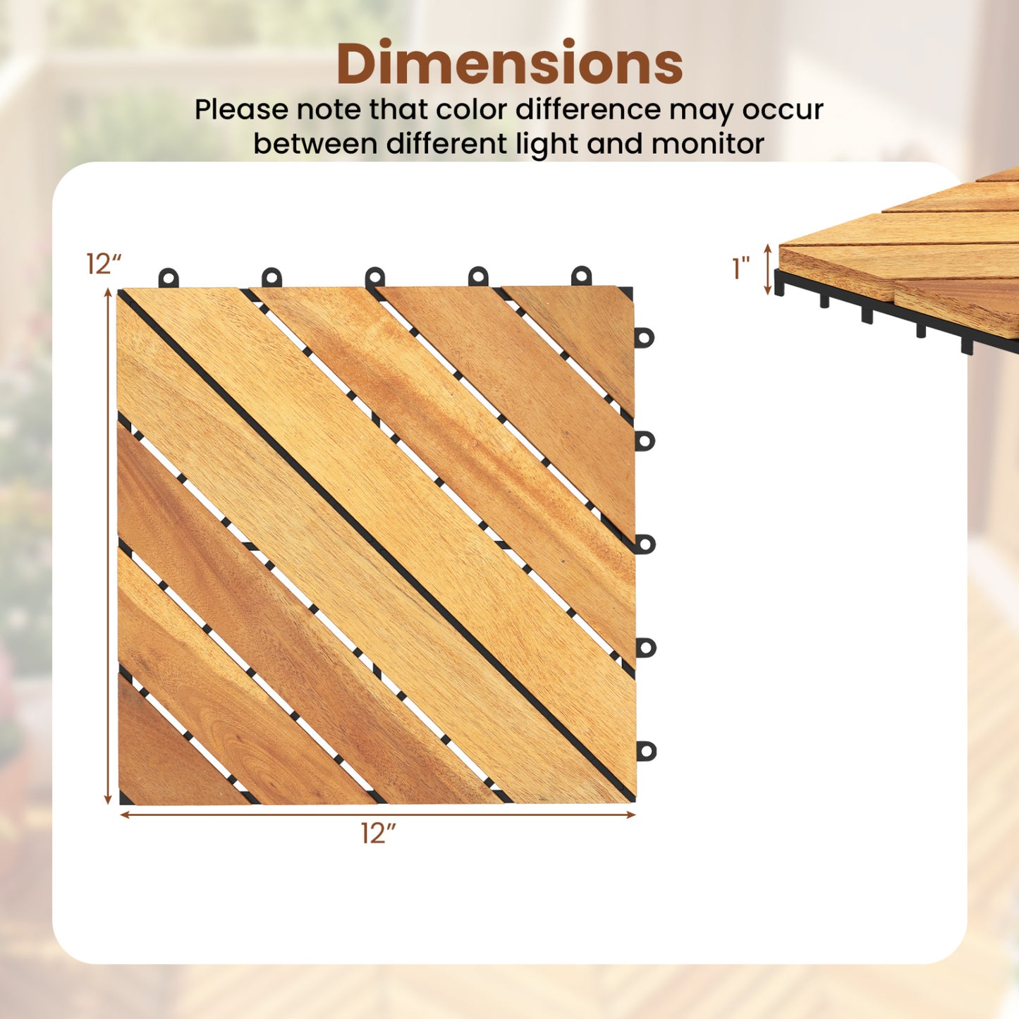 Acacia Wood Interlocking Deck Tiles 12x12 Inch - 48 Pack